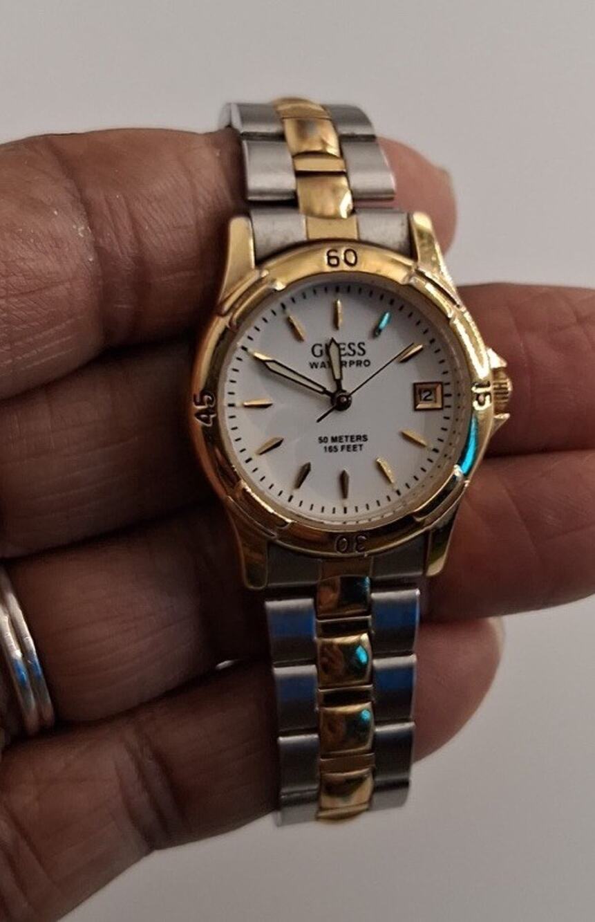 Vintage Guess Waterpro Womens Two Tone Quartz Watch White Dial Date Diver Style